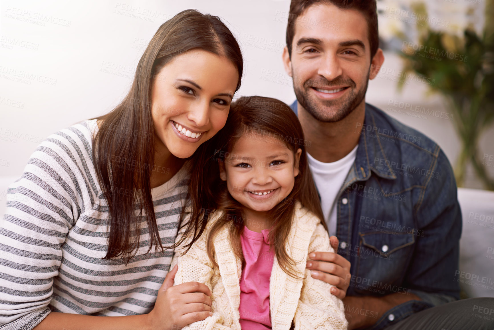 Buy stock photo Mom, father and girl on sofa for portrait with love or care, quality time and family bonding for memories or connection. Parents, kid and together for comfort or safety on weekend, hug and happiness.