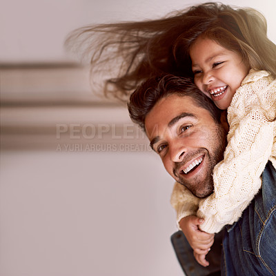 Buy stock photo Happy, piggyback and hug from child for dad in home on holiday or relax with family on vacation. Father, love and support girl on back for crazy funny game, bonding and playing together on weekend