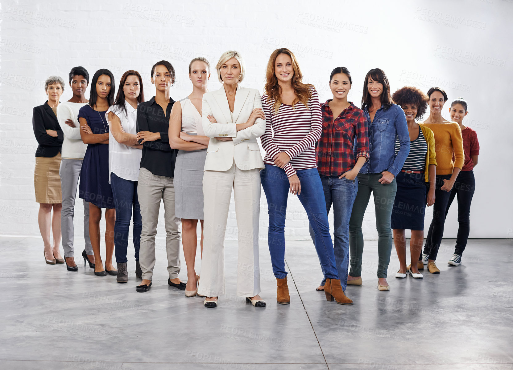 Buy stock photo Women, studio and partnership portrait with diversity, business people and leadership. Isolated, white background and female empowerment with staff and friends together with support and success