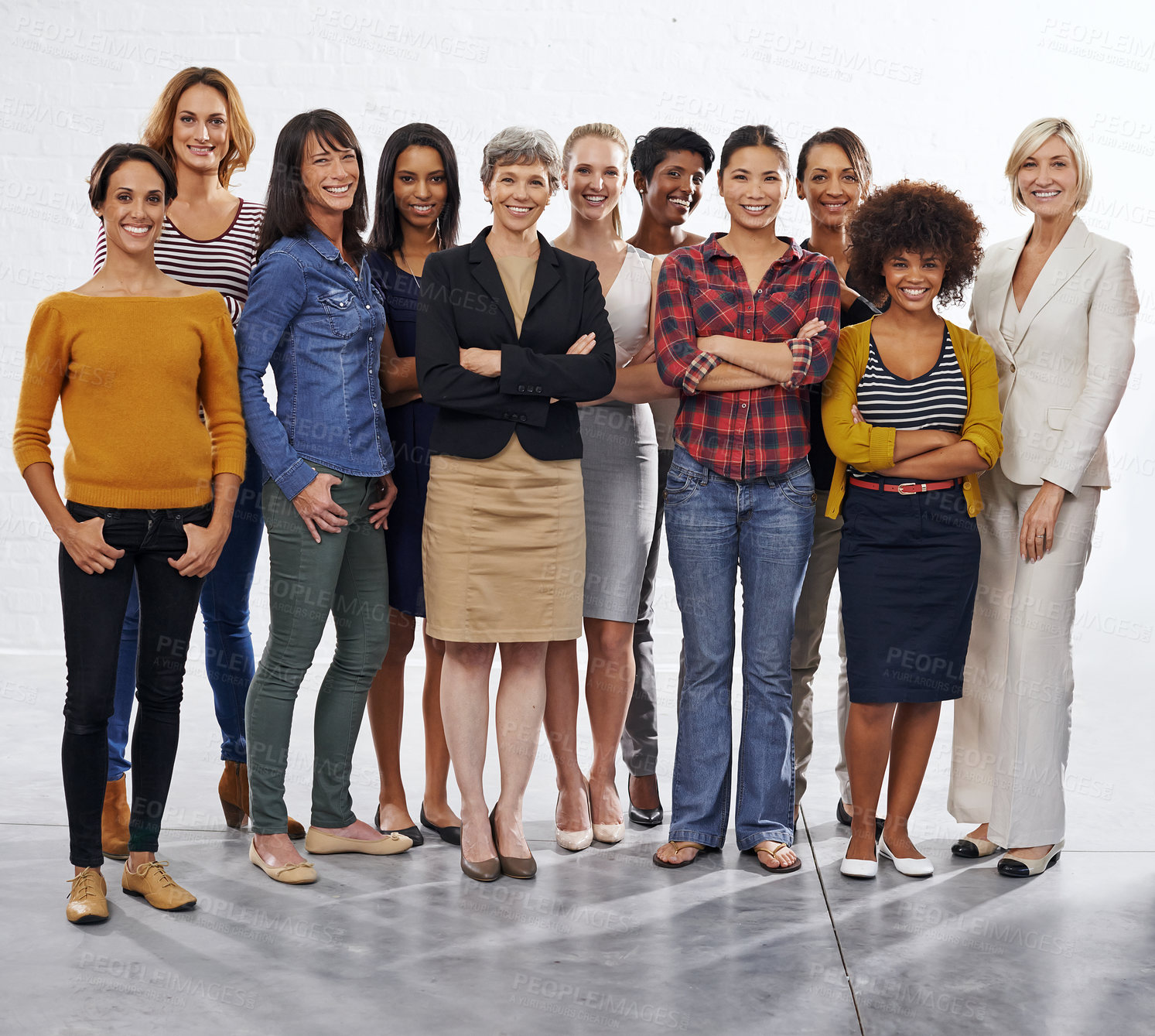 Buy stock photo Women, studio and team portrait with diversity, business people and leadership with pride. Isolated, white background and female empowerment with staff and friends together with support and success