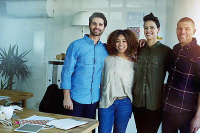 Buy stock photo Portrait of a group of businesspeople standing together in a office