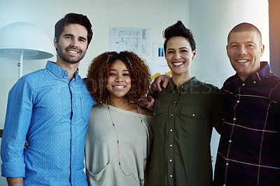 Buy stock photo Portrait of a group of businesspeople standing together in a office