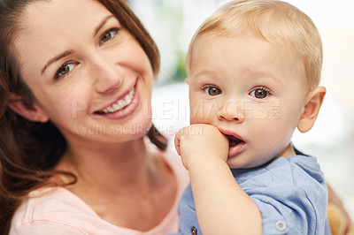 Buy stock photo Portrait of a mother spending quality time with her baby boy at home