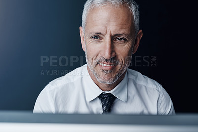 Buy stock photo Thinking, brainstorming and senior businessman working on a project with a computer or technology. Career, idea and professional mature male person doing corporate research on a desktop in workplace.