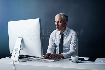 Buy stock photo Office, computer and business man at desk working on online project, planning and writing email. Corporate worker, thinking and mature male person typing on PC monitor for review, website or research
