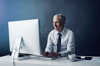 Buy stock photo Office, computer and business man, working on online project, planning and writing email at desk. Corporate worker, reading and mature male person typing on monitor for review, website or research