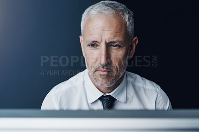 Buy stock photo Thinking, idea and mature businessman working on a project with a computer or technology. Career, brainstorming and professional senior male person doing corporate research on a desktop in workplace.
