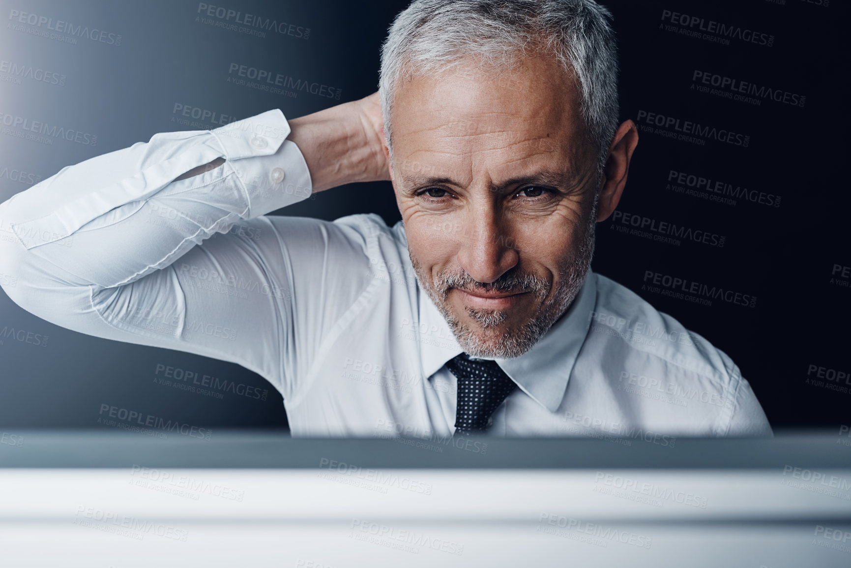 Buy stock photo Brainstorming, planning and mature businessman working on project with a computer or technology. Career, thinking and professional senior male person doing corporate research on desktop in workplace.