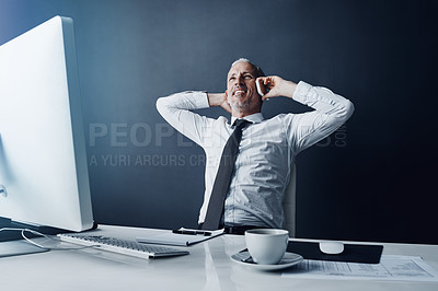 Buy stock photo Phone call, office and business man at desk for conversation, communication and talking. Networking, corporate worker and happy mature male person on smartphone for discussion, chatting and planning