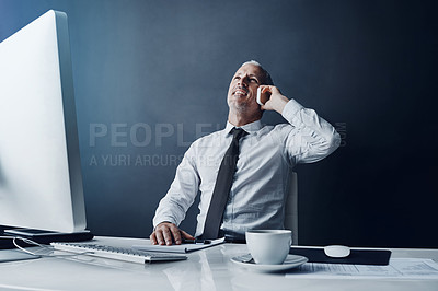 Buy stock photo Phone call, computer and business man at desk online for discussion, talking and contact in office. Thinking, corporate and happy mature male person on smartphone for conversation, chat and planning