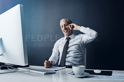 Buy stock photo Phone call, writing notes and business man at desk for conversation, communication and talking. Networking, communication and happy mature male person on smartphone for discussion, chat and planning
