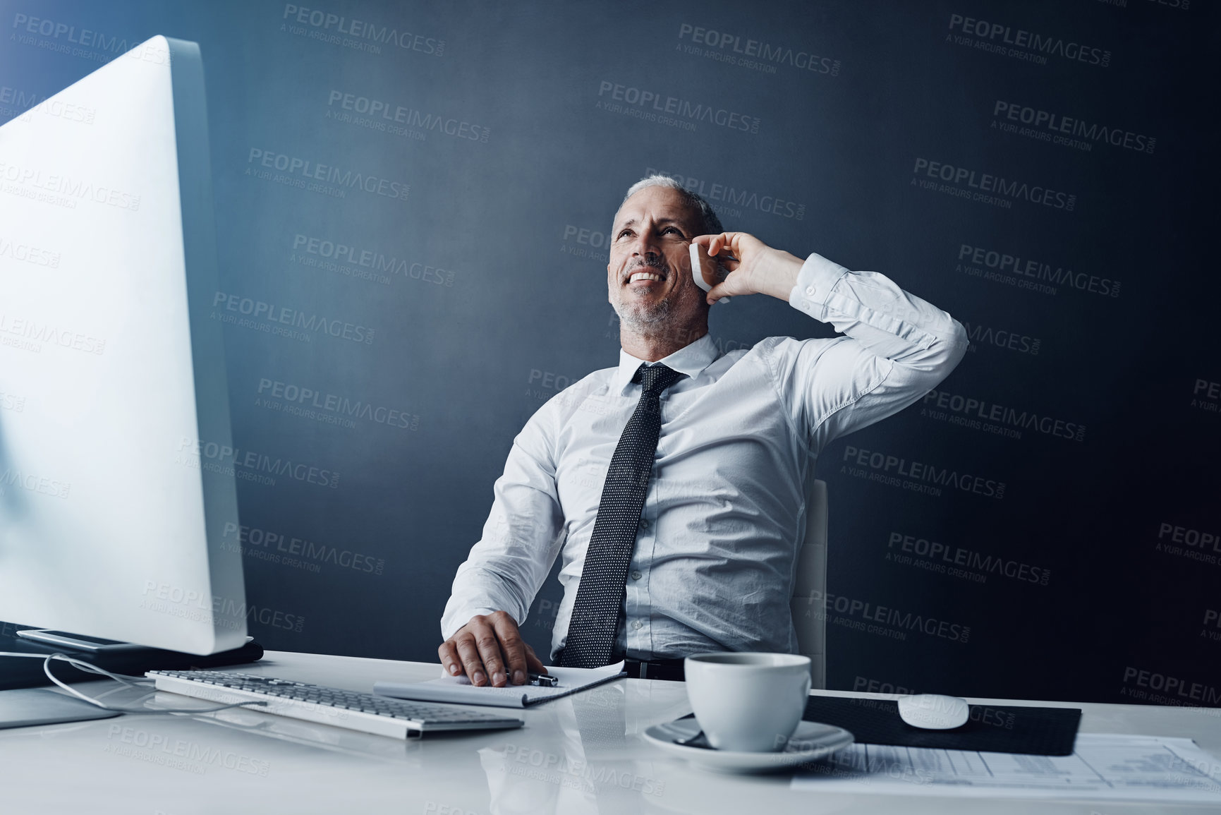 Buy stock photo Phone call, communication and business man in office for conversation, speaking and talking. Networking, corporate worker and happy male person on smartphone for discussion, chatting and contact