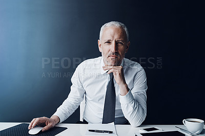 Buy stock photo Portrait, business and mature man with computer, confidence and pride on dark background. Face, person and entrepreneur in modern office, technology and corporate professional with career ambition