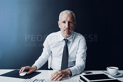 Buy stock photo Portrait, business and mature man with ideas, computer mouse and internet on dark background. Face, employee or corporate professional in office, solution and pride with economy analyst or accounting