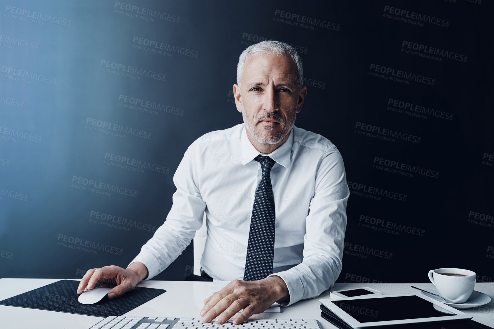 Buy stock photo Portrait, business and mature man with ideas, computer mouse and internet on dark background. Face, employee or corporate professional in office, solution and pride with economy analyst or accounting