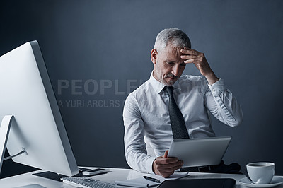 Buy stock photo Tablet, problem and elderly business man in studio isolated on a dark background mockup space. Technology, challenge and senior manager at desk for audit, tax or crisis for bankruptcy, debt or fail