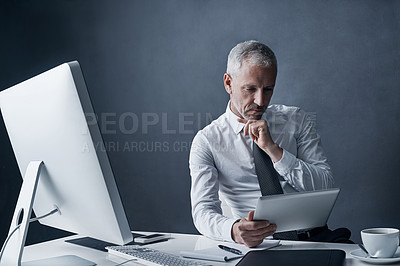 Buy stock photo Tablet, thinking accountant and mature man in office, working on project or research. Technology, planning and senior business manager at desk for idea, problem solving or reading for audit solution