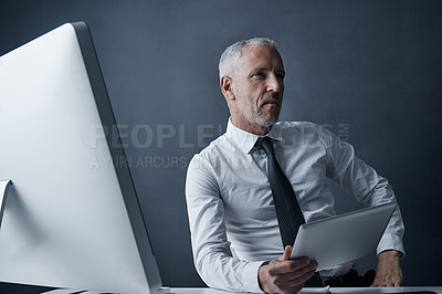 Buy stock photo Tablet, computer and business man at desk working on online project, planning and writing email. Corporate worker, thinking and mature male person with digital tech for review, website and research