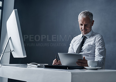 Buy stock photo Tablet, computer and business man at desk online for social media, internet and browse website in office. Network, corporate worker and mature male person on digital tech, writing notes and planning