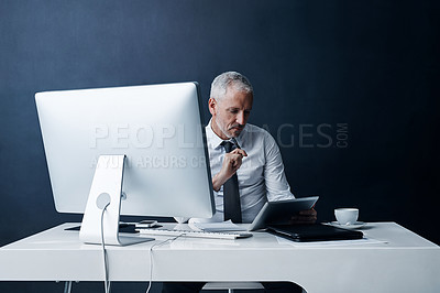 Buy stock photo Office, thinking and business man on tablet online for social media, internet and browse website at desk. Networking, corporate worker and mature male person on digital tech for ideas and planning