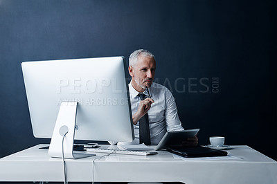 Buy stock photo Thinking, tablet and business man in office online for research, internet and browse website. Networking, corporate worker and mature male person on digital tech for ideas, email and planning