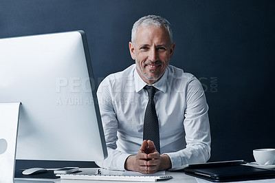 Buy stock photo Portrait, employee and mature man with computer, smile and pride on dark background. Face, happy person and entrepreneur in modern office, technology and corporate professional with career ambition