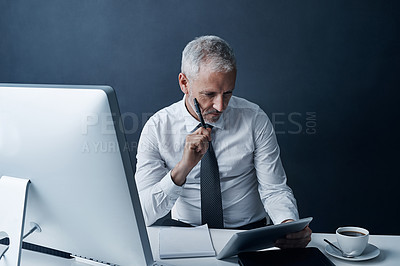 Buy stock photo Tablet, idea and business man in office at desk for social media, internet and website research for project. Corporate workplace, thinking and male person on digital tech for writing email and chat
