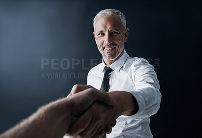 Buy stock photo Senior business man, shaking hands and portrait with smile for welcome, respect and onboarding at office. Elderly ceo, human resources manager or kindness for hiring, interview and b2b partnership