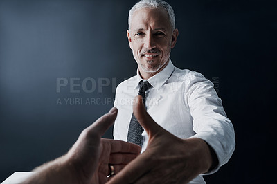 Buy stock photo Senior business man, handshake and portrait with smile for welcome, respect or onboarding at office. Ceo, human resources manager or kindness for hiring, opportunity or b2b partnership for contract