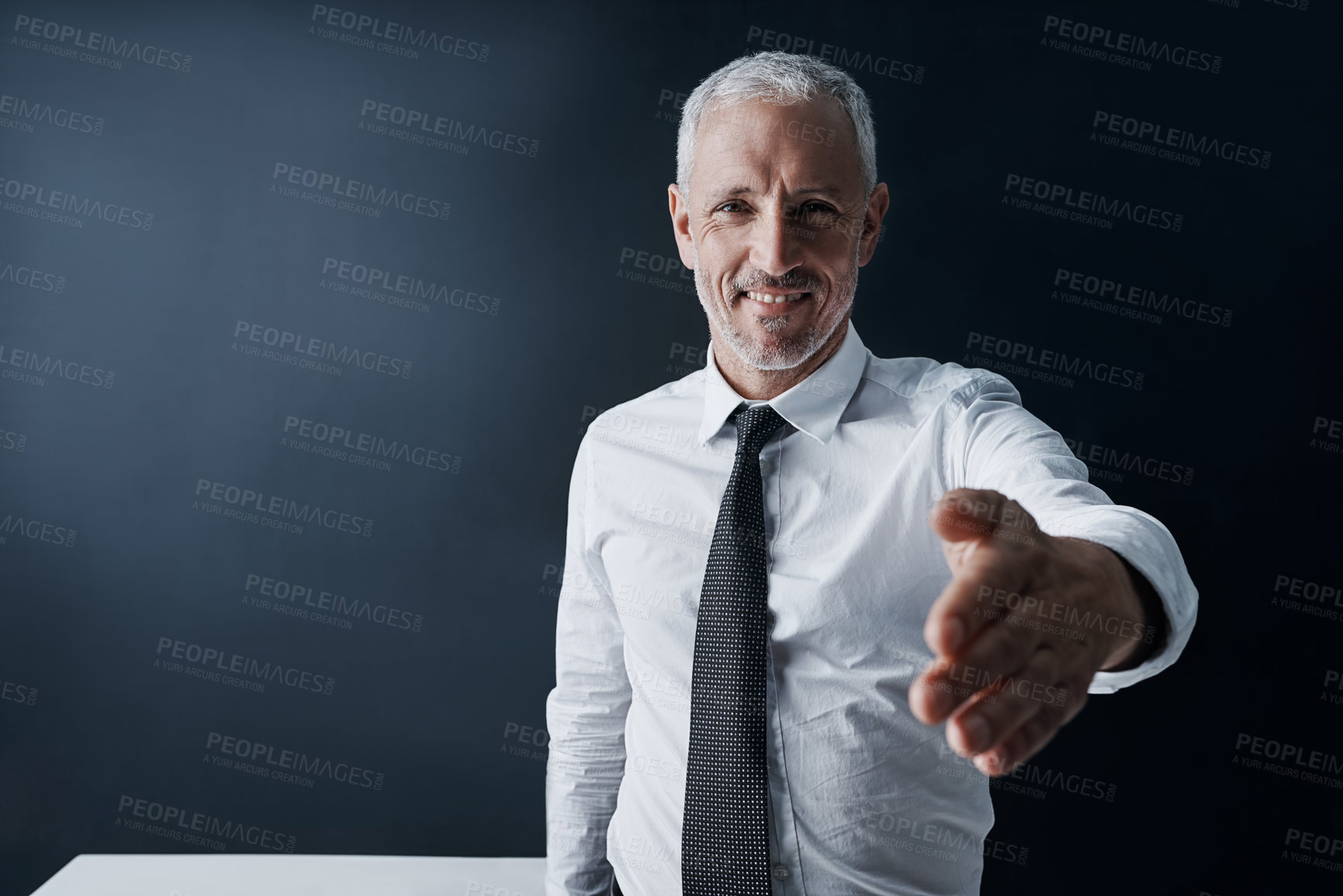 Buy stock photo Senior business man, open handshake and portrait with smile for welcome, respect or onboarding at workplace. Ceo, human resources manager and kindness for hiring, opportunity or partnership in office