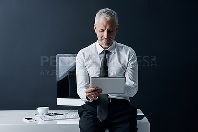 Buy stock photo Tablet, office and happy business man online for social media, internet and website at desk. Thinking, corporate worker and senior male person on digital tech for research, writing email and planning