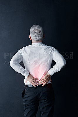Buy stock photo Elderly business man, back pain and hand for muscle massage, fatigue and stress injury by dark background. Senior executive, ceo and financial advisor with osteoporosis, arthritis and spine problem