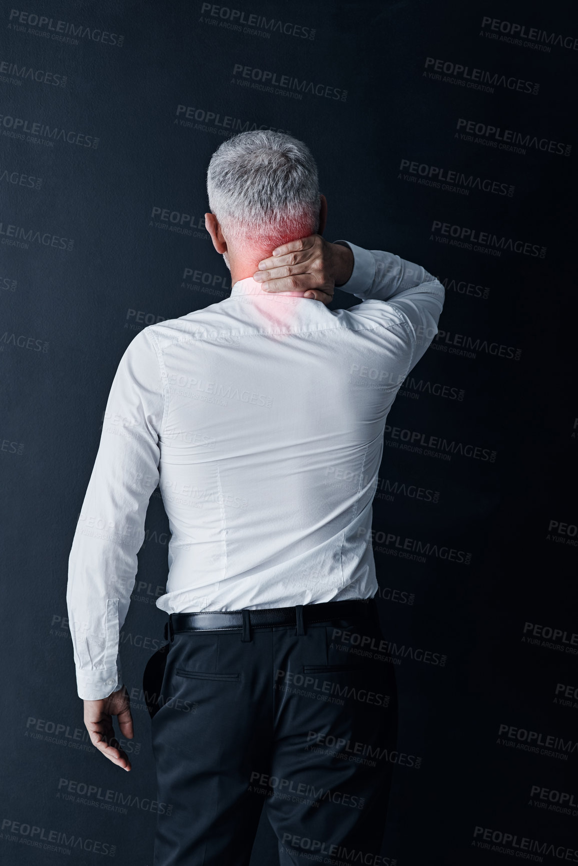 Buy stock photo Elderly business man, neck pain and hand for muscle massage, fatigue or stress injury by dark background. Senior executive, entrepreneur or financial advisor with osteoporosis, arthritis or emergency