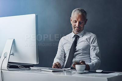 Buy stock photo Phone, office and business man online for social media, internet and browse website at desk. Networking, corporate worker and happy mature male person on smartphone for message, email and planning