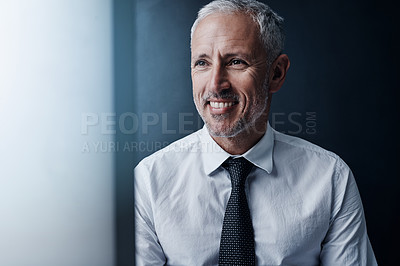 Buy stock photo Manager, thinking and happy business man with idea, inspiration or mindset on background. Mature CEO, smile and planning future in office for investment, professional insight and vision for solution