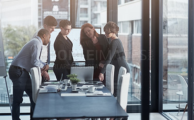 Buy stock photo Team, business meeting and people in conference room with laptop, discussion and reading online feedback on project. Coworking, data analysis and teamwork with review on pc, men and women in workshop