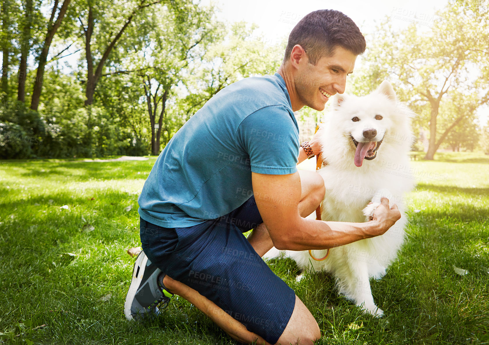 Buy stock photo Dog, funny and happy man in park, relax and bonding together with loyalty, animal care and love. Outdoor, pet owner and person with happiness, companion and laughing with nature, smile and canine