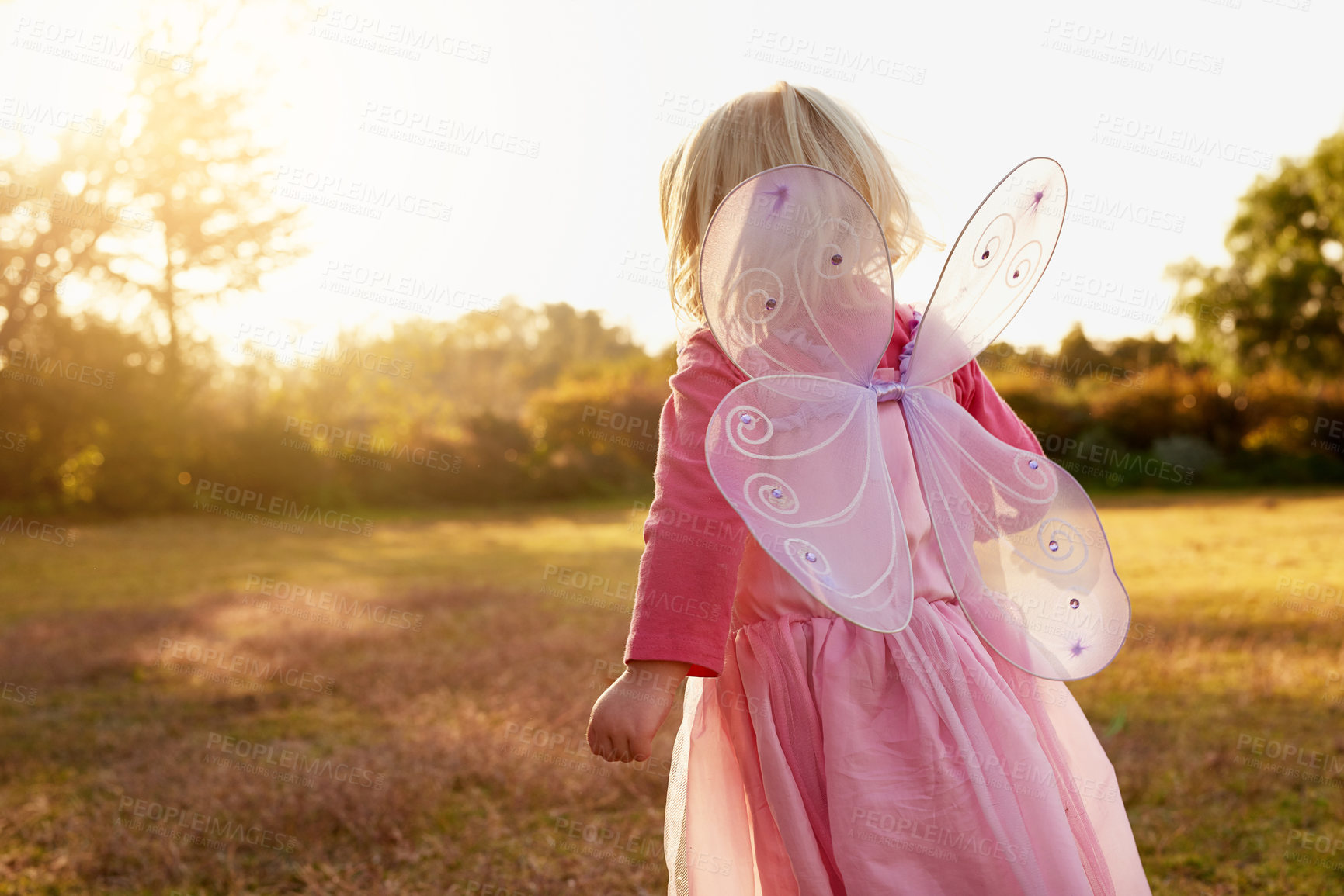 Buy stock photo Rear view shot of a little girl dressed up as a fairy enjoying the day outside