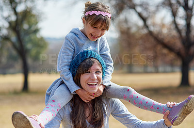 Buy stock photo Funny, mother and piggyback child at park, laughing and family bonding together in nature on holiday. Happy girl, mom and carry kid at garden in summer for love, connection and support of parent