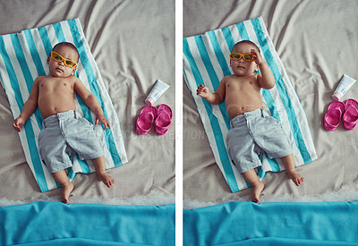 Buy stock photo Composite concept shot of an adorable baby boy lying on a towel at a make believe beach