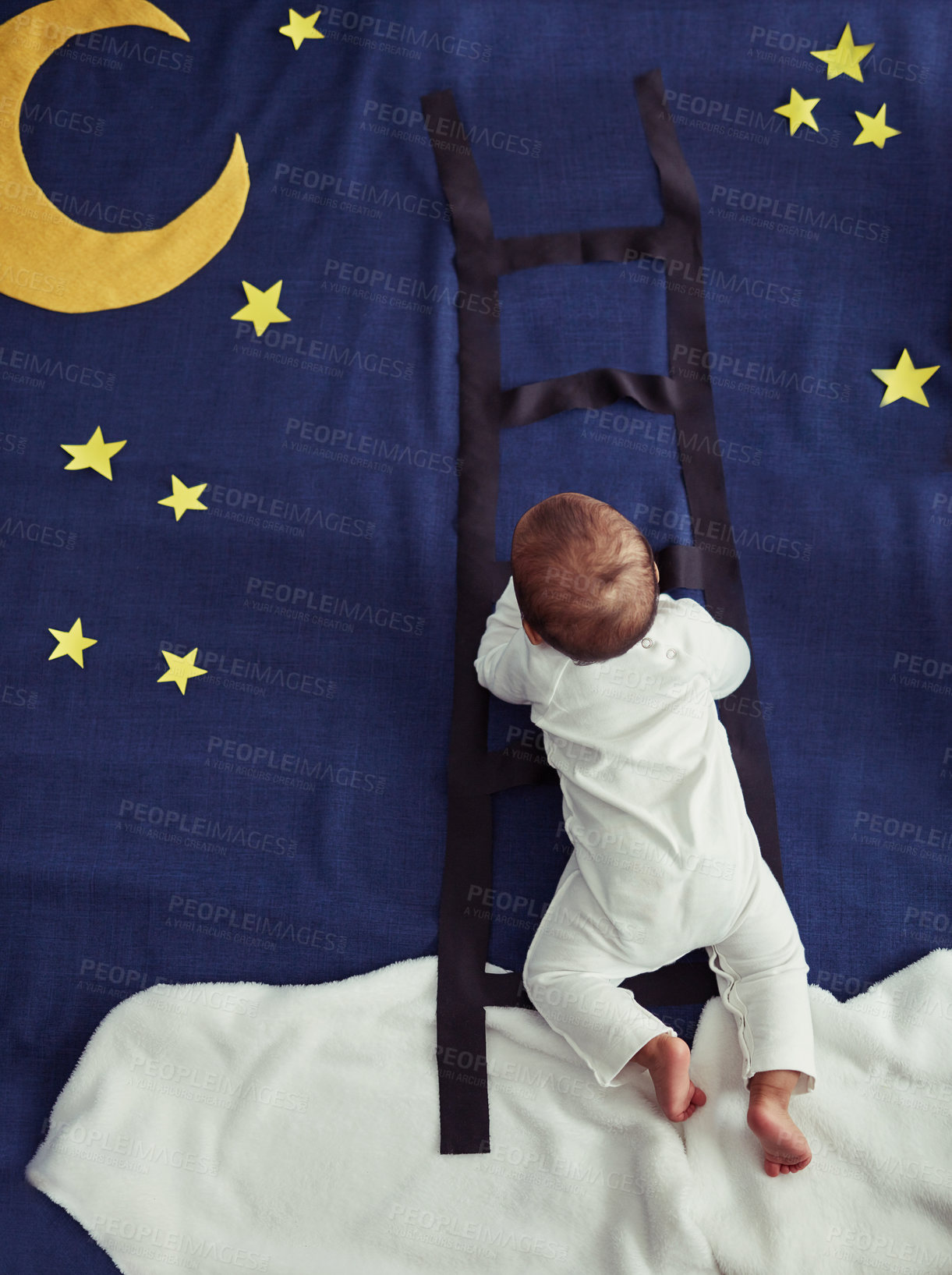 Buy stock photo Concept shot of an adorable baby boy climbing a ladder against an imaginary night time background