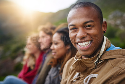 Buy stock photo Portrait, outdoor and man with friends, vacation and smile in nature, hangout and hiking in environment. Mountain, adventure and reunion for happy people, bonding and together for tourism and holiday