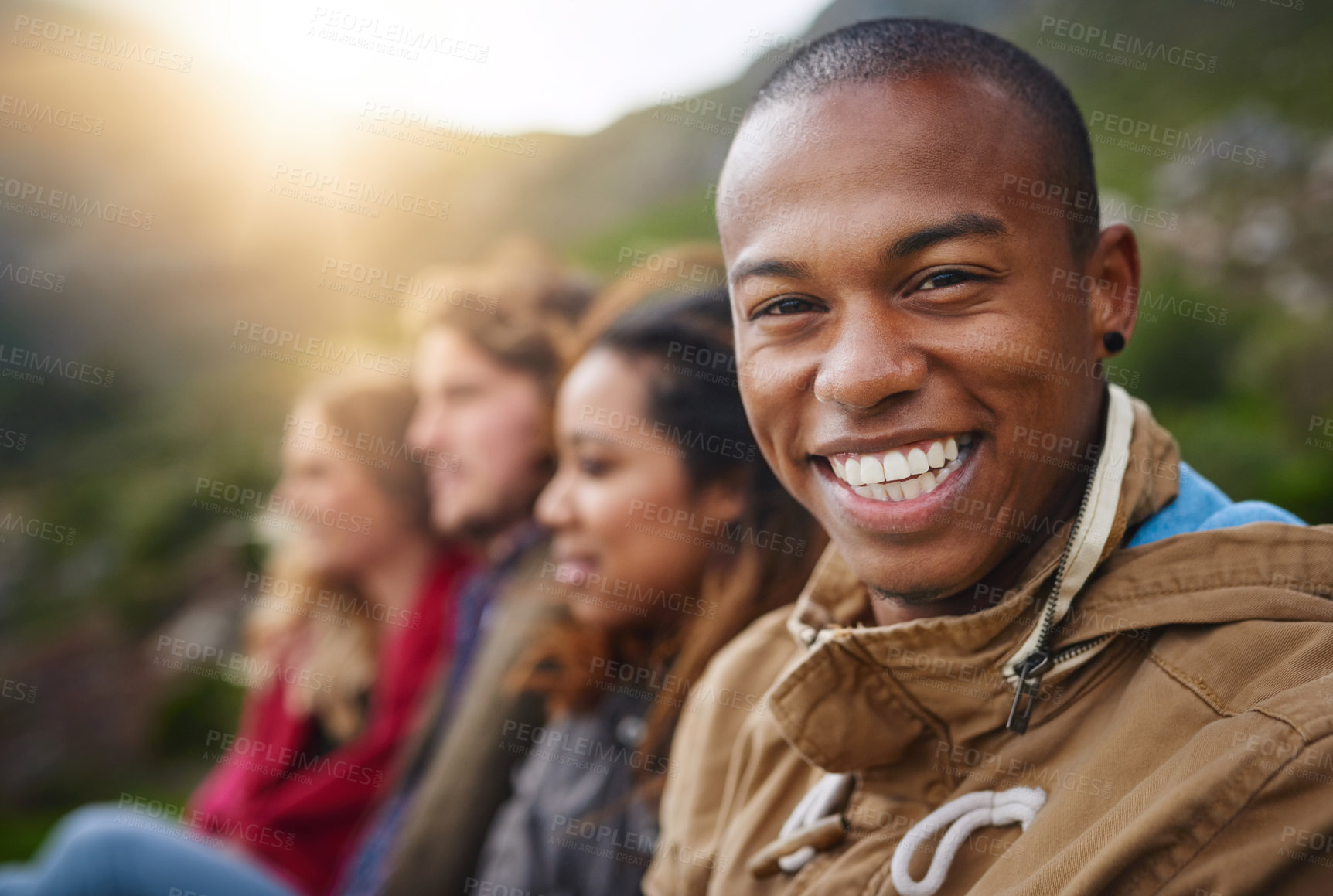 Buy stock photo Portrait, outdoor and man with friends, vacation and smile in nature, hangout and hiking in environment. Mountain, adventure and reunion for happy people, bonding and together for tourism and holiday