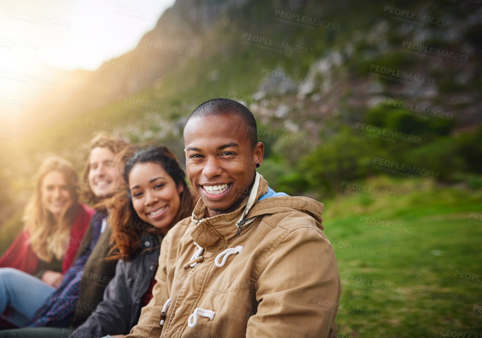 Buy stock photo Portrait, outdoor and group of friends, mountain and smile in nature, hangout and hiking in environment. Vacation, adventure and reunion for happy people, bonding and together for tourism and holiday