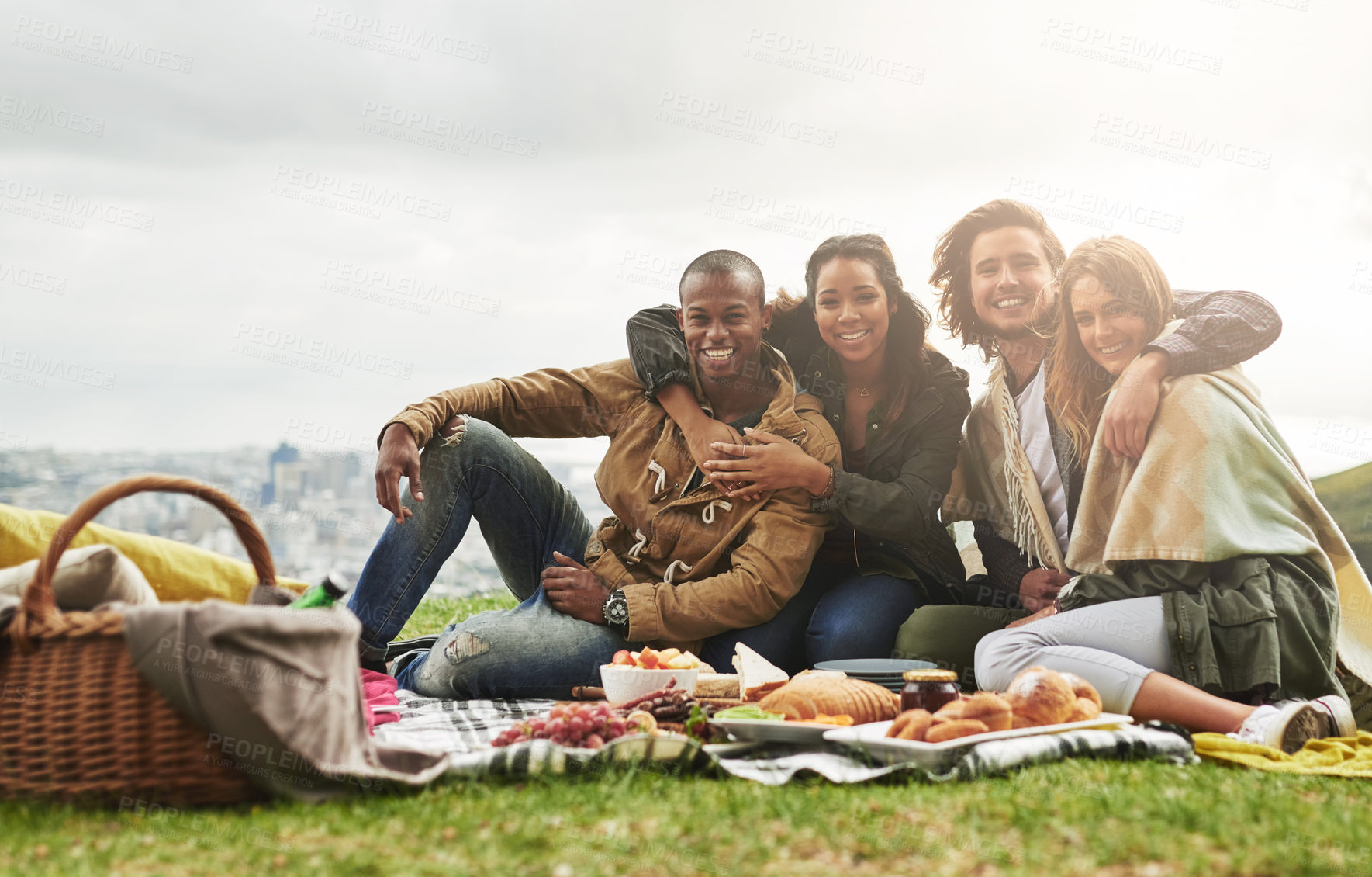Buy stock photo Portrait of a group of young friends having fun at a picnic