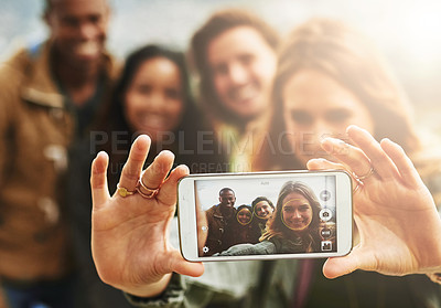 Buy stock photo Happy, screen and selfie of people in park for social media, online post and profile picture. Friends, weekend and men and women with photo for bonding on holiday, vacation and adventure in nature