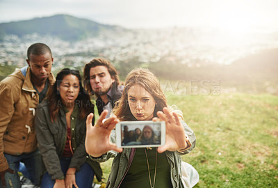 Buy stock photo Friends, screen and selfie of people in nature for social media, online post and profile picture. Happy, weekend and men and women with photo for bonding on holiday, vacation or adventure on mountain