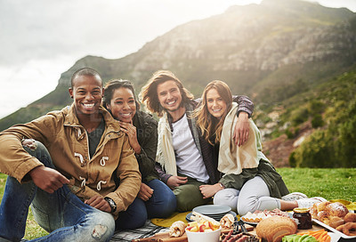 Buy stock photo Portrait of a group of young friends having fun at a picnic