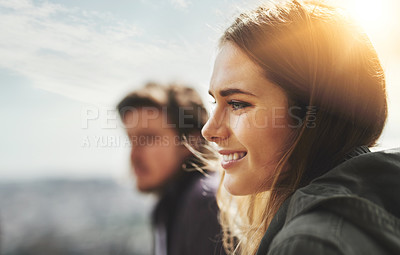 Buy stock photo Shot of two friends hanging out together outside