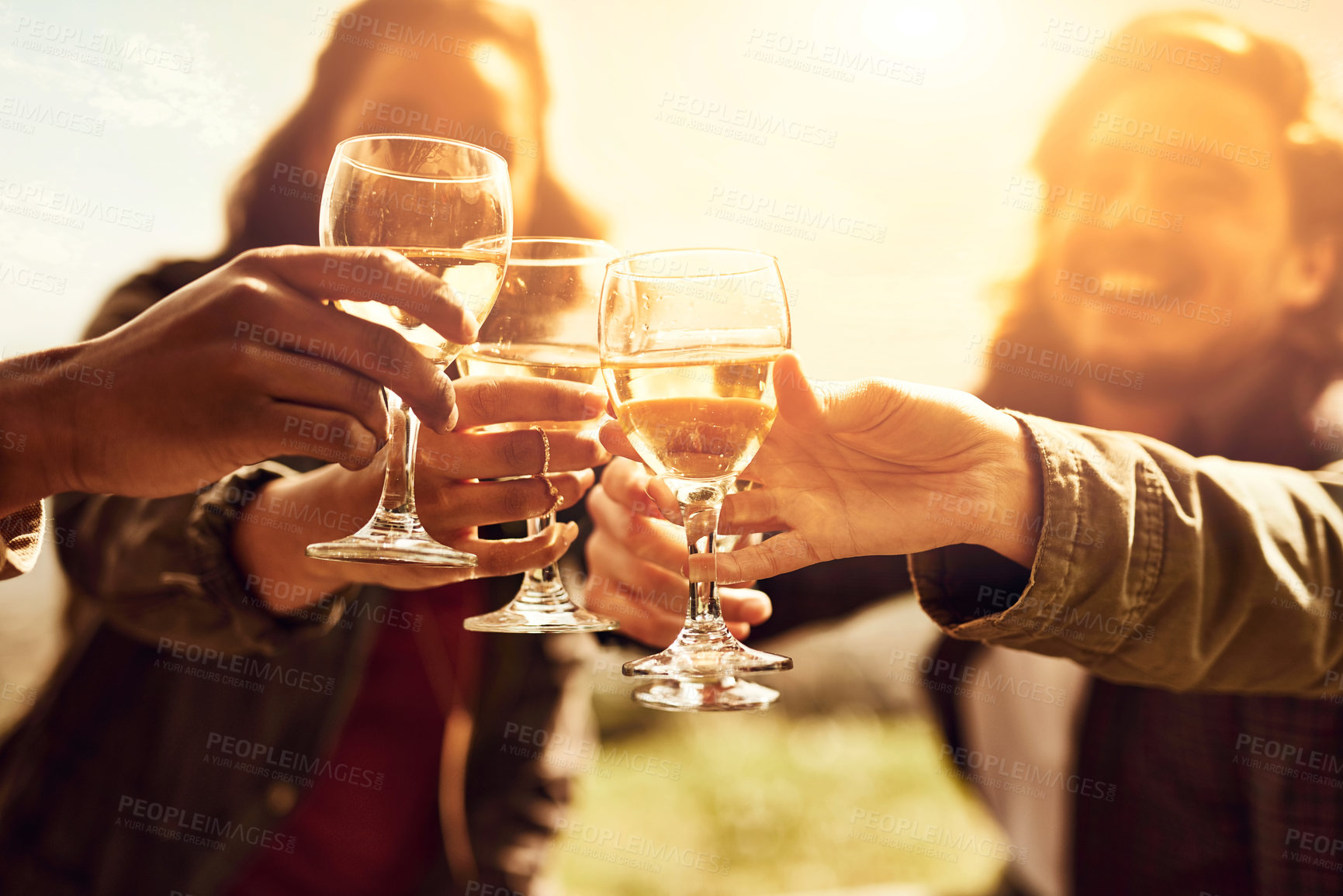 Buy stock photo Friends, picnic and people toast with alcohol on holiday, vacation and adventure outdoors. Lens flare, happy and men and women cheers with drinks for social gathering, celebration and fun on weekend